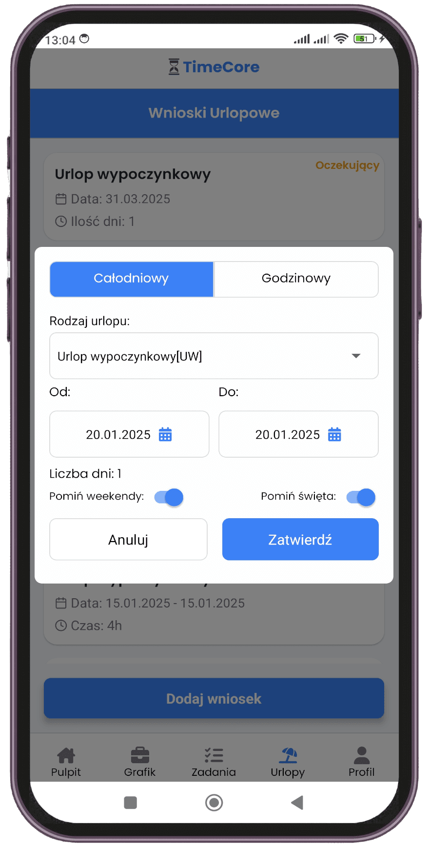 Składanie wniosku urlopowego